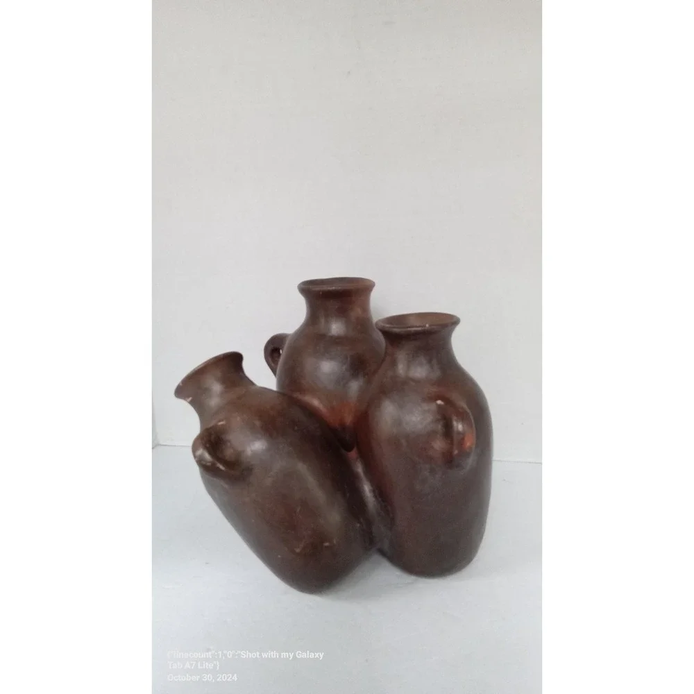 Rustic Brown Clay Pottery Vase Set of 3 Handled Decorative Jugs‎ Vessels